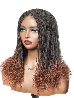Synthetic 14” Ombre Brown Senegalese Mini Twist Braided Wig with Curly Ends  017